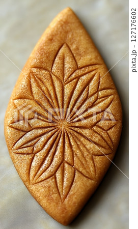 Golden Brown Carved Teardrop Cookie Elegant Design Sweet Treat Festive Bakery Product art food leaf 127176602