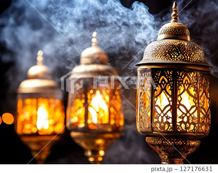Ornate Golden Lanterns with Smoky Incense Festive Ramadan Art Glow Warm Dark Home Smoke Metal Light 127176631
