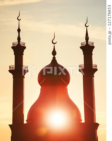 Sunset Silhouette Mosque Golden Dome Minaret Architecture Art Sky Red Holy Warm Hope Islam Faith 127176653