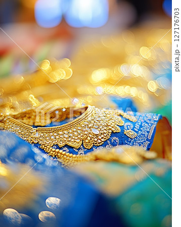 Elegant Gold Bridal Jewelry Necklace Indian Wedding Blue Dress rich shine style royal macro image Elegant Gold Bridal Jewelry Necklace Indian Wedding Blue Dress rich shine style royal macro image 127176703