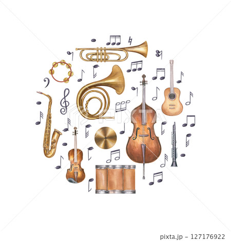 Watercolor circle composition with guitar, saxophone, violin, and other musical instruments with floating notes. Music illustration. For jazz festival posters, orchestra branding, music school decor 127176922