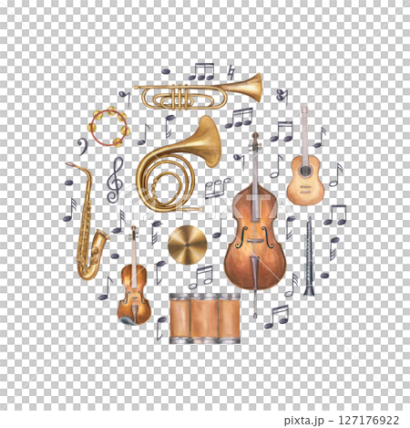 Watercolor circle composition with guitar, saxophone, violin, and other musical instruments with floating notes. Music illustration. For jazz festival posters, orchestra branding, music school decor 127176922