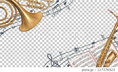 Musical frame with French horn, saxophone, sheet music book, and staff notes. Watercolor illustration isolated background. Empty space for text. For invitations, certificates, event programs Musical frame with French horn, saxophone, sheet music book, and staff notes. Watercolor illustration isolated background. Empty space for text. For invitations, certificates, event programs 127176923