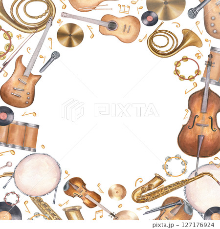 Square watercolor frame with musical instruments and notes, with blank space for text. Guitar, drum, bass, saxophone, violin illustration isolated background. For music invitations, certificate. 127176924