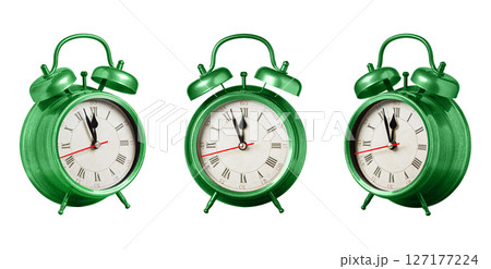 set collection retro clock, watch, pointer clock, Green color alarm clock on isolated white background set collection retro clock, watch, pointer clock, Green color alarm clock on isolated white background 127177224