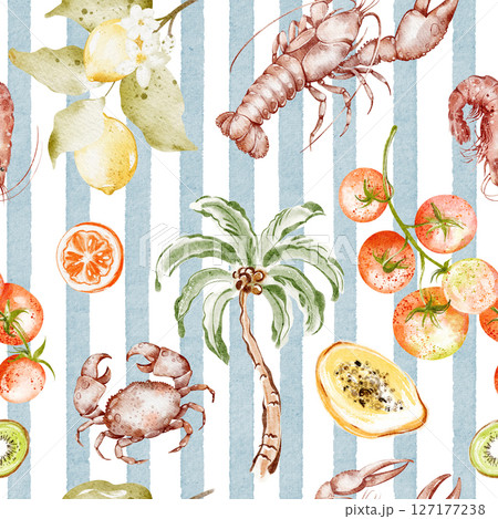 Seamless watercolor pattern with seafood, lemon, papaya, cherry tomatoes, palm and coastal food on a striped background. Mediterranean summer cuisine. Hand drawn exotic illustration. Seamless watercolor pattern with seafood, lemon, papaya, cherry tomatoes, palm and coastal food on a striped background. Mediterranean summer cuisine. Hand drawn exotic illustration. 127177238