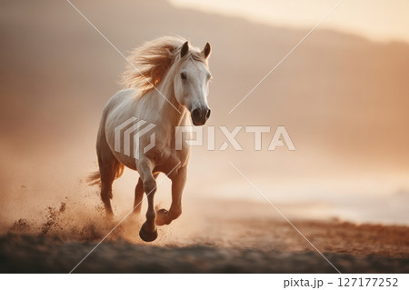 Majestic white horse galloping on beach at sunset nature photography serene environment 127177252