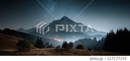 Stargazing adventure over mountain peaks night sky photography serene wilderness view 127177255