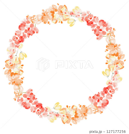 Watercolor flower wreath with lupine and wildflowers forming a circular frame. Botanical illustration featuring leaves, blossoms, and natural plants for invitations, cards, and decoration. Watercolor flower wreath with lupine and wildflowers forming a circular frame. Botanical illustration featuring leaves, blossoms, and natural plants for invitations, cards, and decoration. 127177256