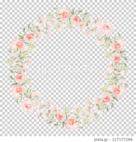 Watercolor floral wreath with pink peonies, garden roses and leaves. Circle frame for greeting card, wedding invitation or decorative design. Isolated botanical illustration on white. 127177266