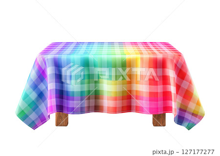 Colorful checkered tablecloth on wooden table Colorful checkered tablecloth on wooden table 127177277