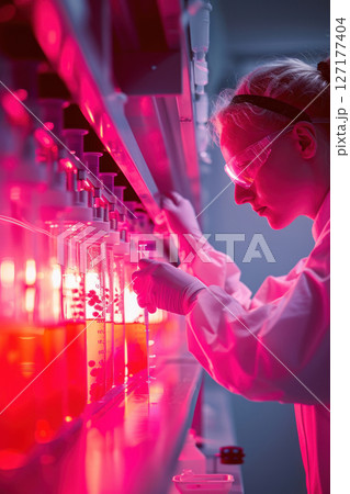 A scientist examining bacterial cultures in a sterile lab, illustrating pathogen research A scientist examining bacterial cultures in a sterile lab, illustrating pathogen research 127177404