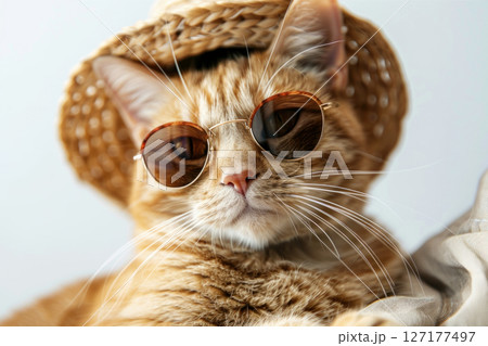 A stylish cat wearing sunglasses and a straw hat, embodying a cool and relaxed summer vibe perfect for quirky pet photography. 127177497