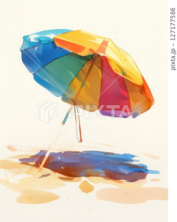 A bright umbrella stands alone on a sandy beach, casting a shadow on the ground. The colors of the umbrella are vivid, adding charm to the sunny seaside environment. 127177586