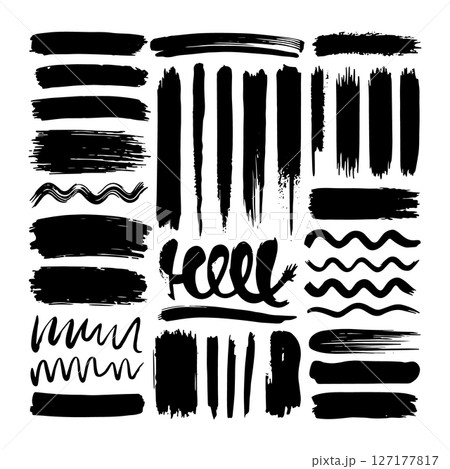Ink Stroke Set. Handmade black ink brush stroke collection with various textured lines and shapes for creative designs. Ink Stroke Set. Handmade black ink brush stroke collection with various textured lines and shapes for creative designs. 127177817