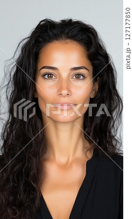 Tan Spanish female with long curly dark hair poses for her passport photo, maintaining a neutral expression with a light background Generative AI 127177850