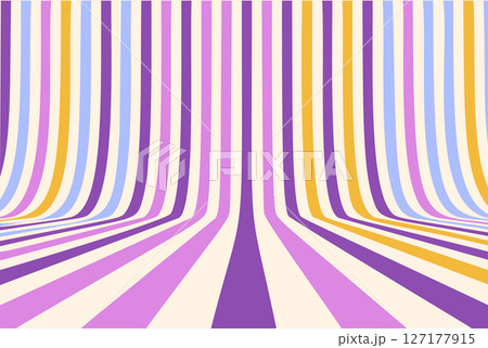 Retro Vintage Line Background 70s Color Pattern. Perspective Stripe Rainbow Abstract 1970s Poster Design. Geometric 60s 80s Vector Path Wallpaper Illustration 127177915