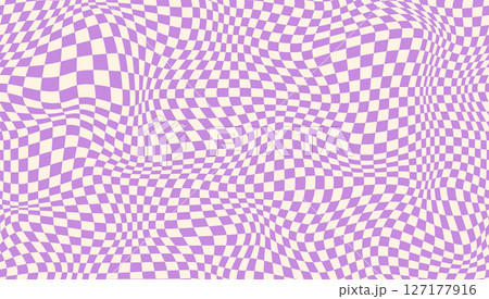 Purple groovy checker seamless pattern, wavy abstract retro checkerboard background. Trippy wave board geometric. Funky square warp y2k chess psychedelic 90s print. 127177916