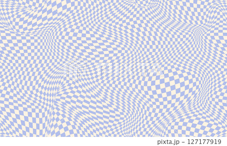 Groovy checker seamless pattern, wavy abstract retro checkerboard background. Trippy wave board geometric. Funky square warp y2k chess psychedelic 90s print. 127177919