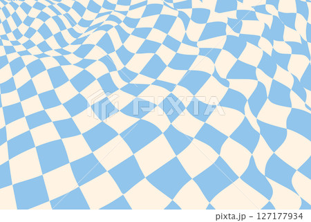 Abstract optical illusion with a blue and cream checkered pattern. Wavy geometric design creating a surreal and hypnotic effect, featuring a distorted checkerboard surface with flowing curves, ideal 127177934