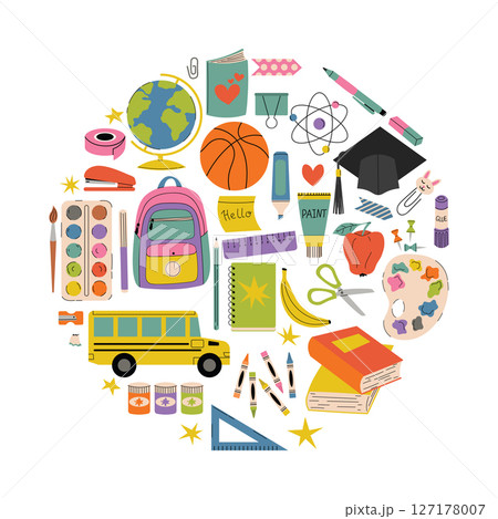Back to school themed card in cartoon flat style with colorful circle of supplies. Back to school themed card in cartoon flat style with colorful circle of supplies. 127178007