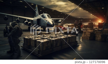 Ammunition Supply: Unloading at Military Airport. Generative ai Ammunition Supply: Unloading at Military Airport. Generative ai 127178096