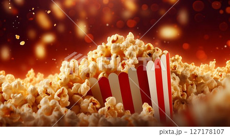 Popcorn Texture with Blurred Cinema Lights in the Background. Generative ai 127178107