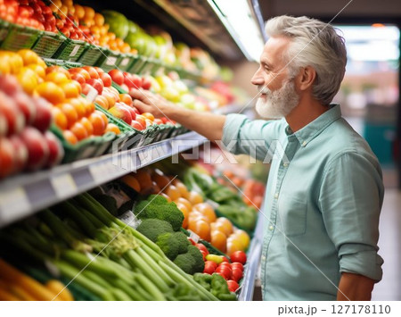 Mature Man Selecting Fresh Produce in Supermarket. Generative ai 127178110