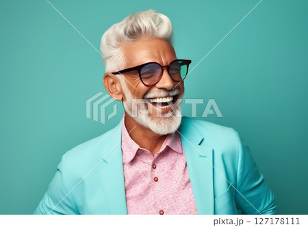 Fashion-forward Senior with Vivid Hair and Clear Glasses. Generative ai 127178111