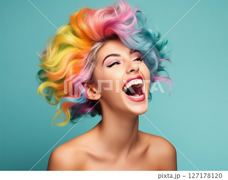 Exuberant Young Woman with Rainbow Hair Celebrating on Studio Backdrop. Generative ai 127178120