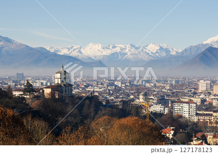 Cityscape of Turin with snowy Alps mountains on background Cityscape of Turin with snowy Alps mountains on background 127178123