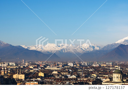 Panoramic view of the city of Turin with snowy Alps Panoramic view of the city of Turin with snowy Alps 127178137