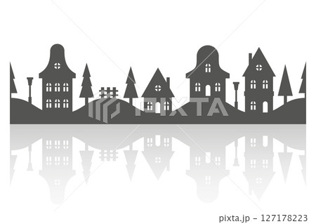 Silhouette of neighborhood houses. Small homes and buildings on skyline. Christmas town and village on white background. Row of cottages on the street with fir trees. Seamless border with reflection 127178223