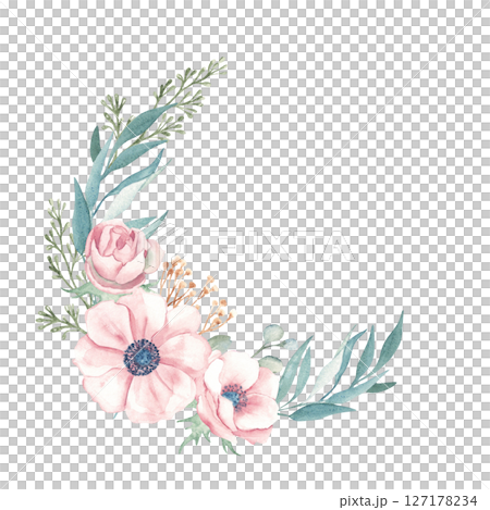 Anemone and Eucalyptus branches wreath. Watercolor Rustic greenery. Hand drawn botanical illustration isolated on white background. For stationery, invitations, save the date, wedding or greeting 127178234