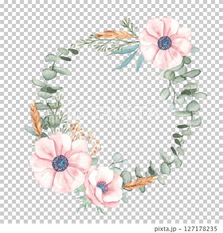 Watercolor Wreath from Anemone and Eucalyptus branches. Rustic greenery. Hand drawn illustration isolated on white background. For stationery, invitations, save the date, wedding or greeting cards. 127178235