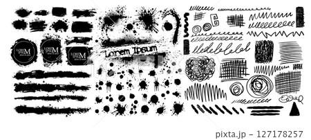 Black brush stroke set isolated on background. Paint brush stroke for ink paint, grunge design element, dirt banner, watercolor design, dirty texture. Trendy brush stroke. hand drawn. Not AI, Vector 127178257
