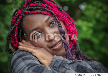 Beautiful Woman Pink Braids Park Portrait Nature 127178268