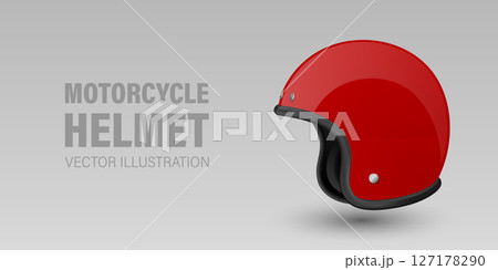 Vector 3D Realistic Red Classic Vintage Open-Face Motorbike Helmet. Glossy Motorcycle Helmet Design Template for Mockup. Side View. Motorcycle Helmet Icon, Closeup, Isolated Vector 3D Realistic Red Classic Vintage Open-Face Motorbike Helmet. Glossy Motorcycle Helmet Design Template for Mockup. Side View. Motorcycle Helmet Icon, Closeup, Isolated 127178290