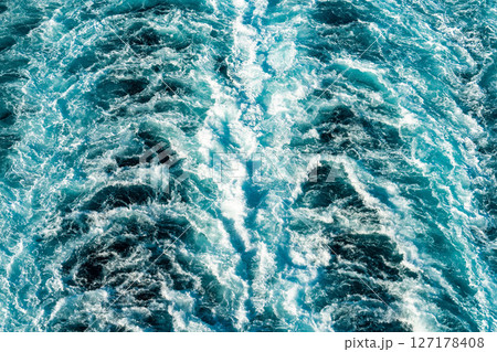 Ship wake in turquoise sea, top view Ship wake in turquoise sea, top view 127178408