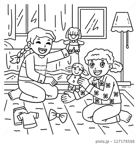 Sleepover Girls Playing with Dolls Coloring Page  127178588
