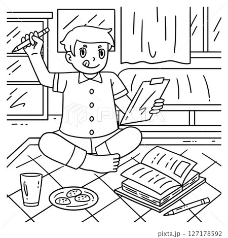 Sleepover Boy doing Homework Coloring Page  127178592
