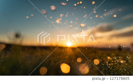 朝露と光がきらめく草原と日の出 ／ 幻想的な朝の風景を切り取ったボケ感の美しい写真素材 127178605