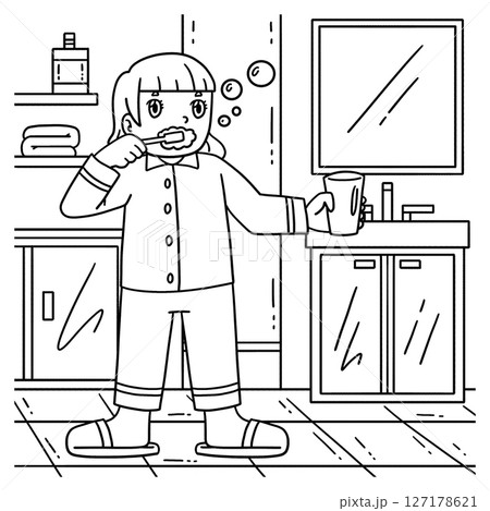 Sleepover Girl Brushing Teeth Coloring for Kids  127178621