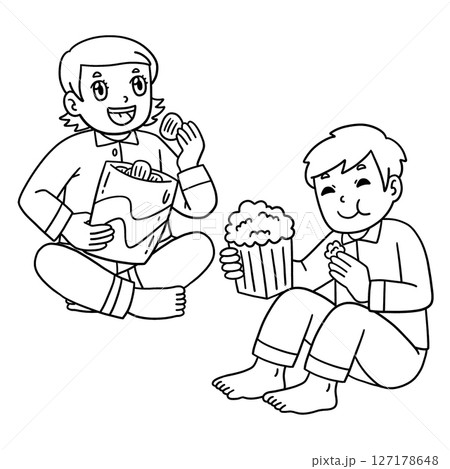 Sleepover Children Eating Snacks Isolated Coloring 127178648