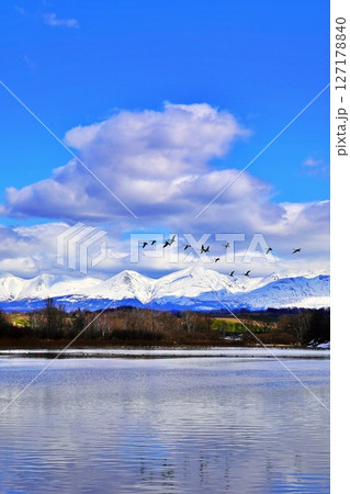 北海道美瑛町 水沢ダムと十勝岳連峰の絶景 127178840