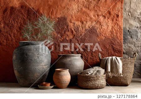 Clay pots and woven baskets against terracotta textured wall 127178864