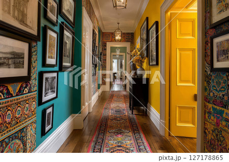 Colorful hallway with wallpaper, picture frames and carpet 127178865