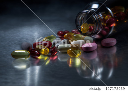 Capsules beside glass showcasing precision in dose management 127178989