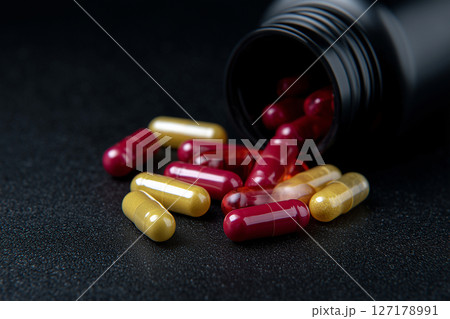 Close up of capsules lined on surface representing strict medical regimens. Medical concept 127178991