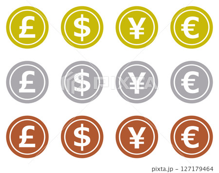金貨・銀貨・銅貨のスタンプ風アイコン 4種の通貨記号3色セット 127179464